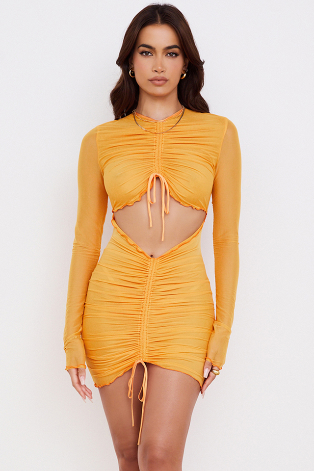 'Jeanelle' Orange Ruched Mesh Long Sleeve Cutout Mini Dress